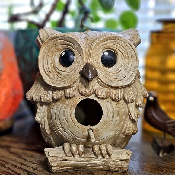 Vtg Carved Garden Hanging Owl Decor Small Nesting Resin Bird House Outdoor Cream - Picture 9 of 12